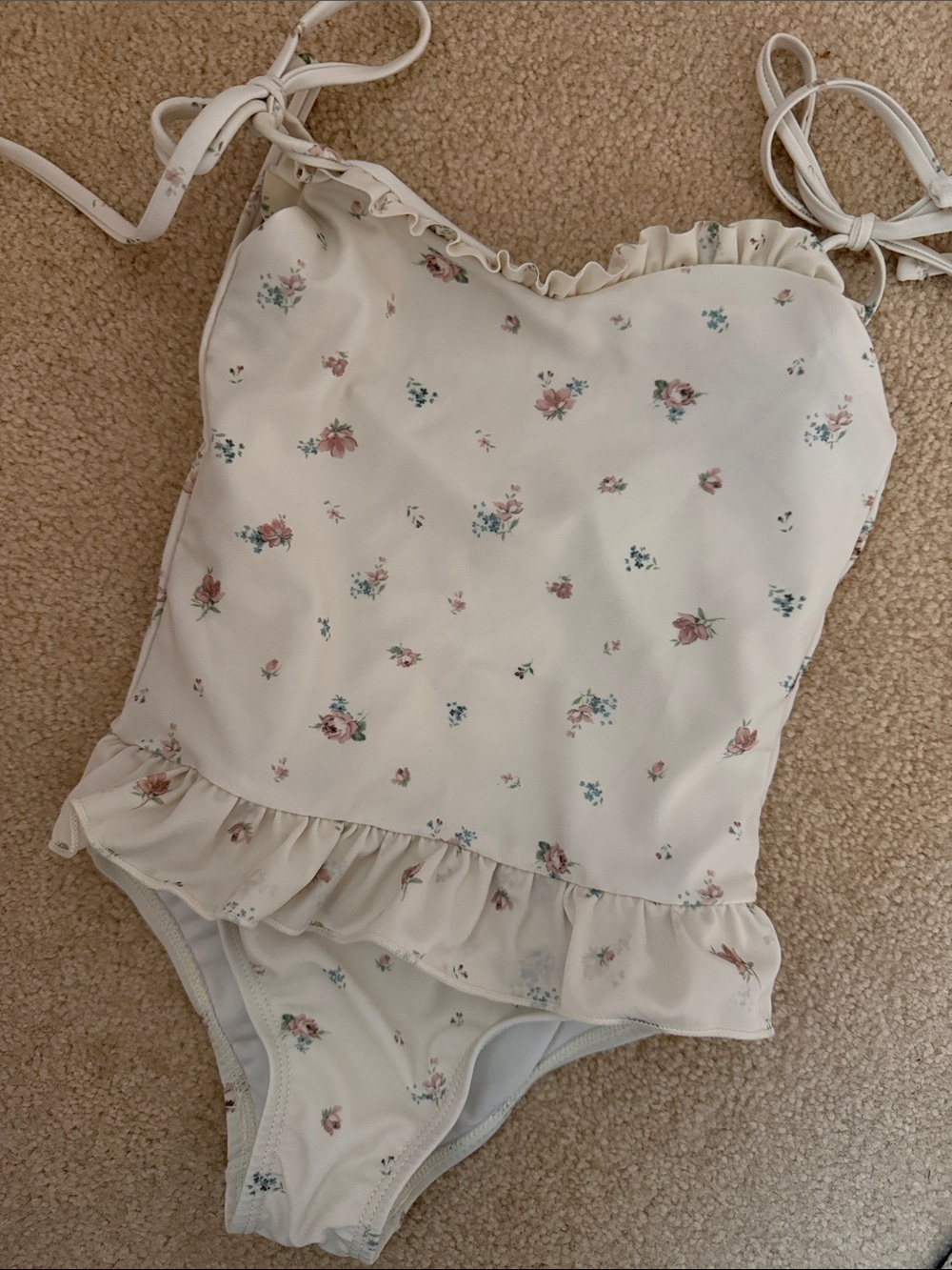 Jamie Kay Cream Floral Ruffle One-Piece Swimsuit with Pink & Blue Accents